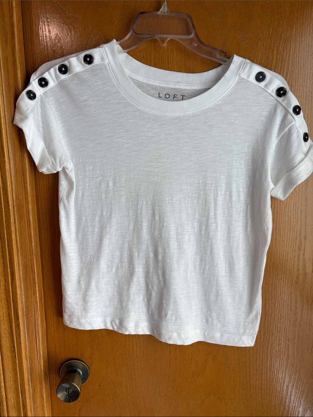 LOFT White Short Sleeve Tee with Black Shoulder Buttons